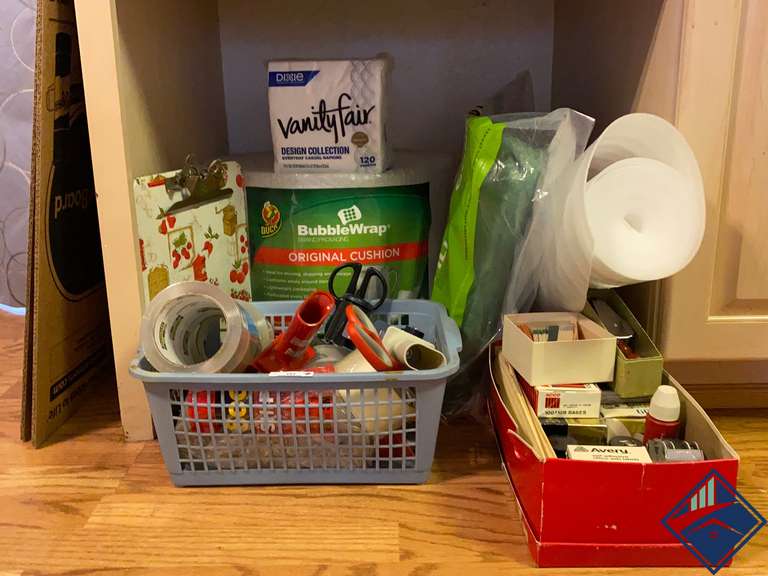 Assorted Packing Materials, Tapes, Stamps (Office Items) and a Dumpster in a Bag Estate Details