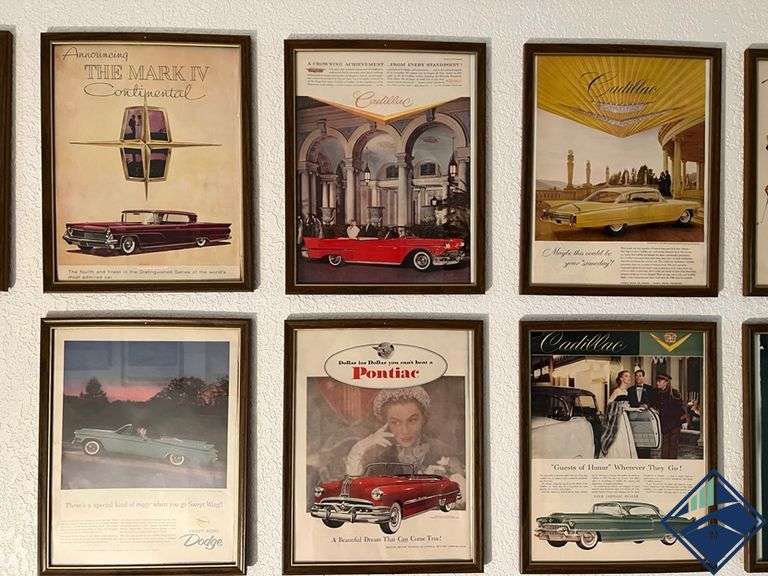 (6) Vintage Car Magazine Advertisement Print Ads Framed - Estate Details