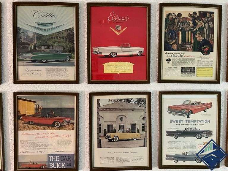 (6) Vintage Car Magazine Advertisement Print Ads Framed - Estate Details