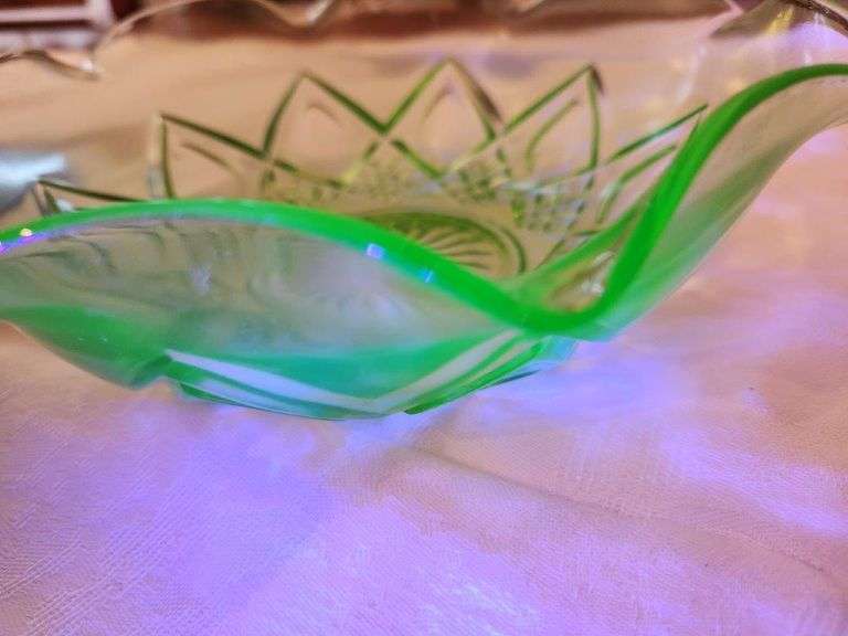 Blue Vase, Green Candy dish with lid, and Uranium Glass bowl Preview