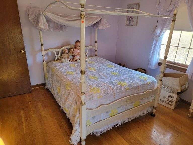 French Provincial Canopy Bed with Chenille Bedspread and Matching