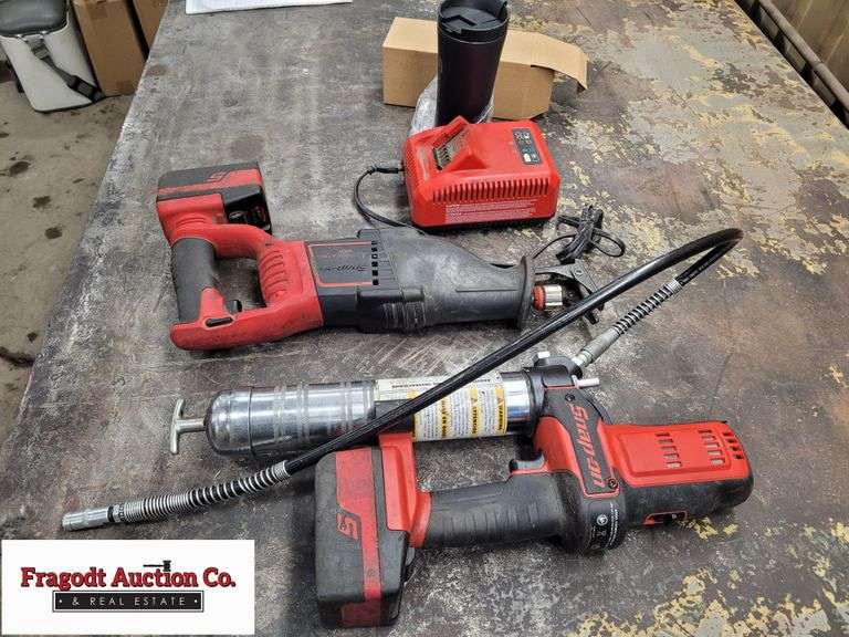 SnapOn Sawzall, SnapOn Grease Gun, (2) 4 amp Batteries, Charger