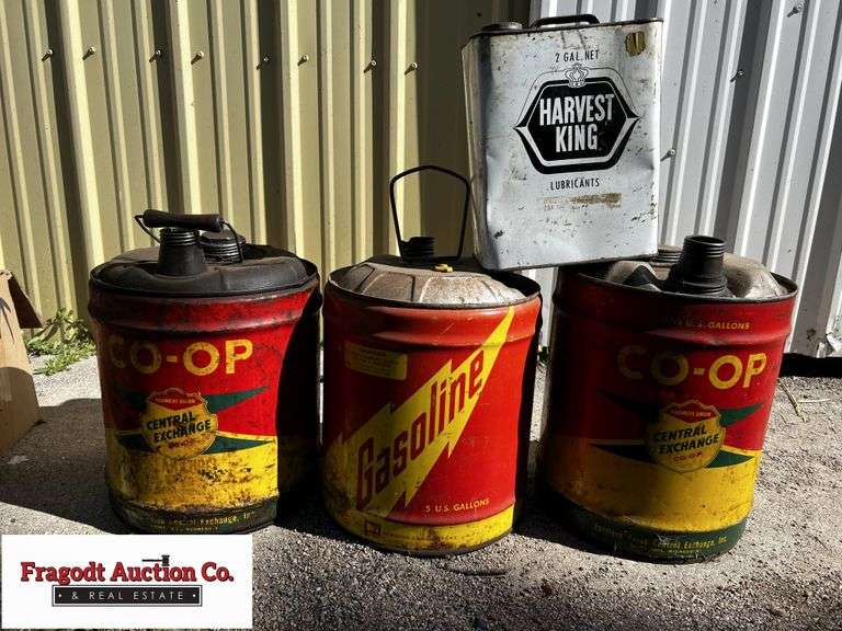 3 Old Gas Cans, 1 Oil Can Fragodt Auction and Real Estate LLC