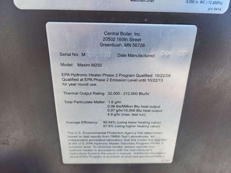 Central Boiler Maxim Outdoor Wood Pallet and Corn Furnace, (2) 3