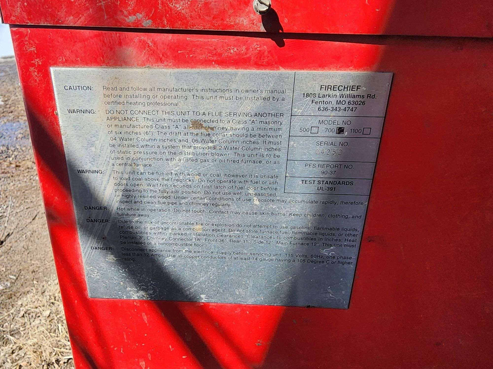 Fire Chief Model 700 Wood Stove, SN: 04252 - Fragodt Auction and Real Estate  LLC