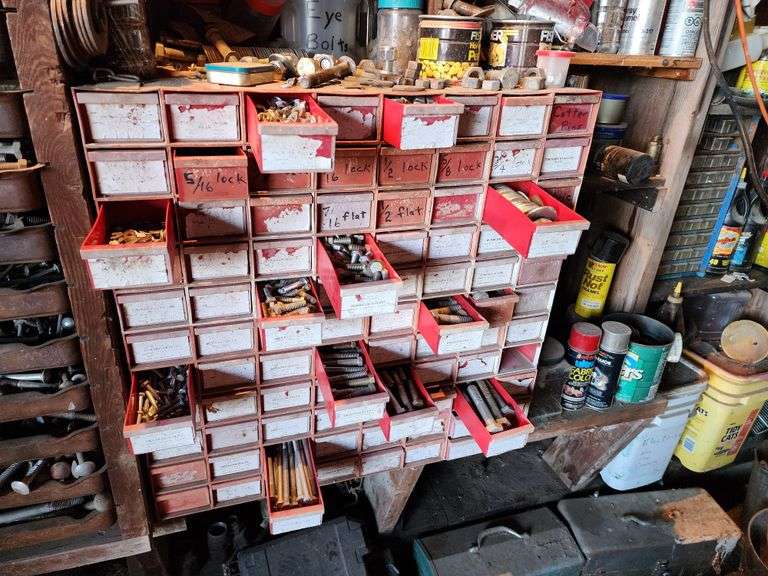 88 Drawer Bolt Bin, Approx 75 Full of Grade 5 Bolts, Washers, Nuts