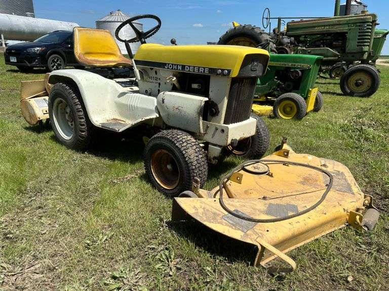 John Deere 112 Riding Mower with Model 47 Deck and Rear Tiller, Electric Lift, Running Order Per