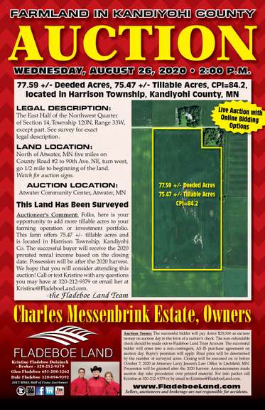 Farmland Auction – Kandiyohi Co. – Wednesday, August 26th, 2020 at 2 PM