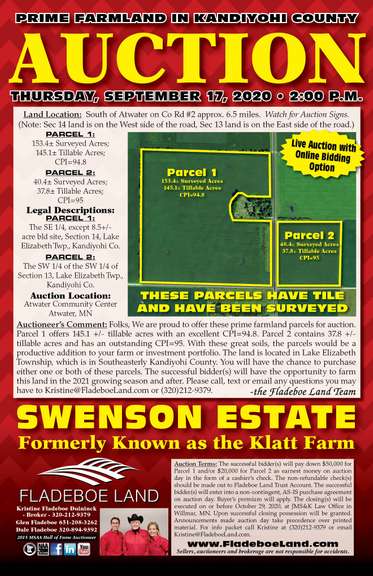 Prime Kandiyohi Co. Farmland Auction - Thursday, September 17th, 2020 at 2 PM