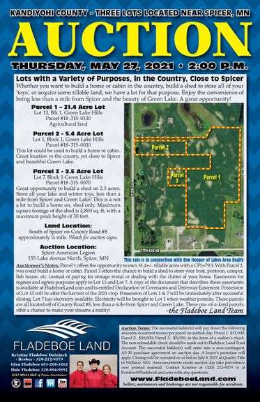 Auction – Kandiyohi County – 31+ Acre Farmland Parcel, Residential Home Lot & Lot to Build an Outbuilding – All Located Near Spicer