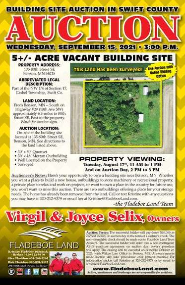 Building Site Auction in Swift Co. – 5+/- Acre Building Site with Existing Outbuildings