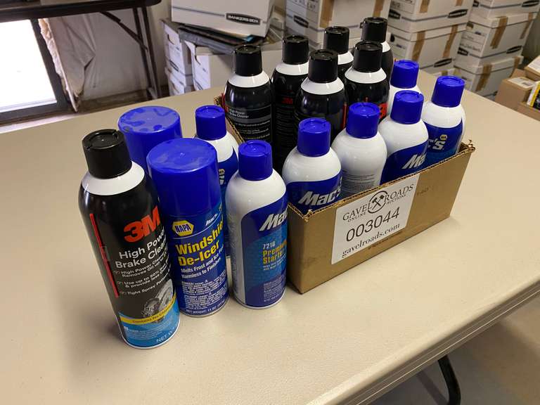 Box of Brake Cleaner, Windshield DeIcer, & Premium Starter Fluid