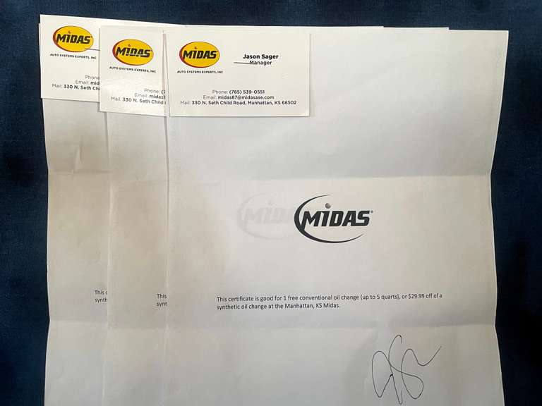 (3) Conventional Oil Change Midas, Manhattan Gavel Roads Online