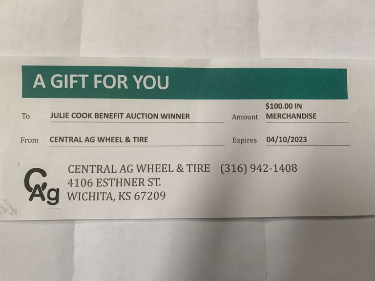 100 Gift Certificate to Central Ag Gavel Roads Online Auctions
