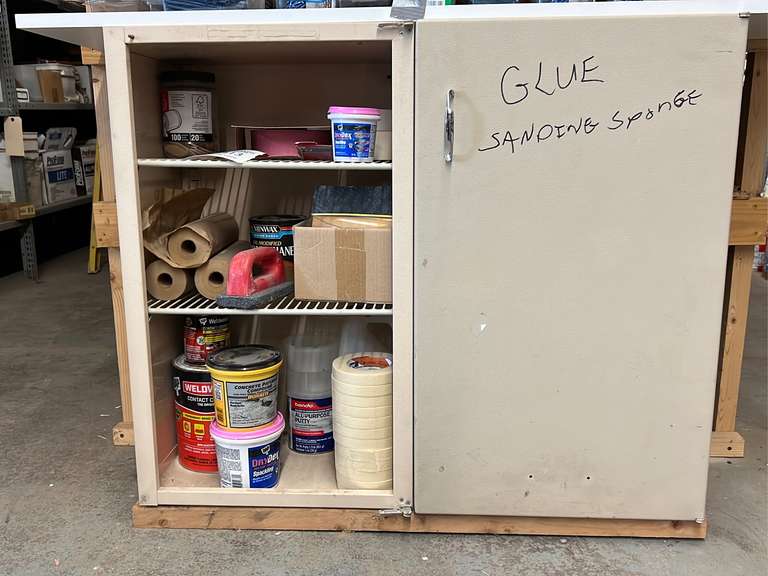 Storage & Assorted Glue, Tape, Patching Compound, Wood Filler