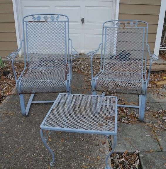 Two Wrought Iron Bouncy Patio Chairs and Small Table GC5 Auctions