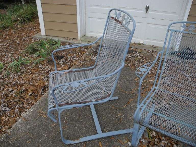 Two Wrought Iron Bouncy Patio Chairs and Small Table GC5 Auctions