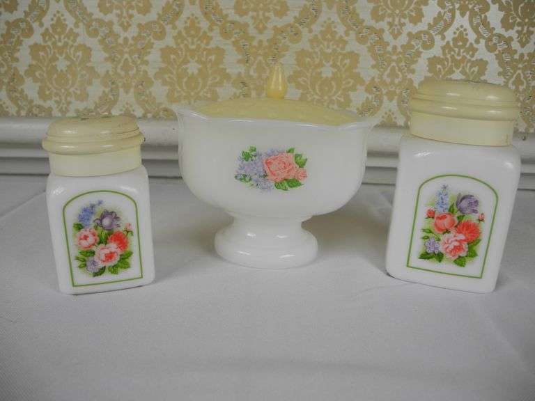 3 Piece Vintage Milk Glass Dresser Set GC5 Auctions