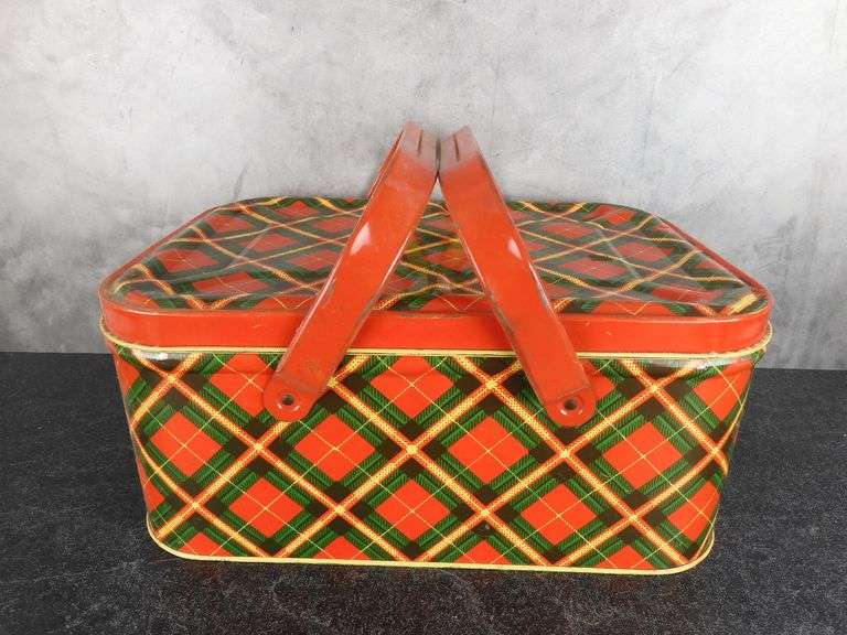 Vintage metal Plaid Picnic Tin with Handles GC5 Auctions