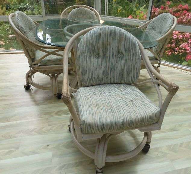 Ratan Glass Top Table with 4 Chairs on Casters GC5 Auctions