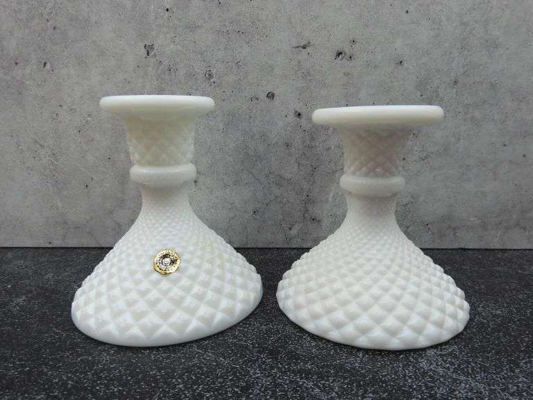 Pair of Vintage Westmoreland Glass Milk Glass Candle Sticks GC5 Auctions