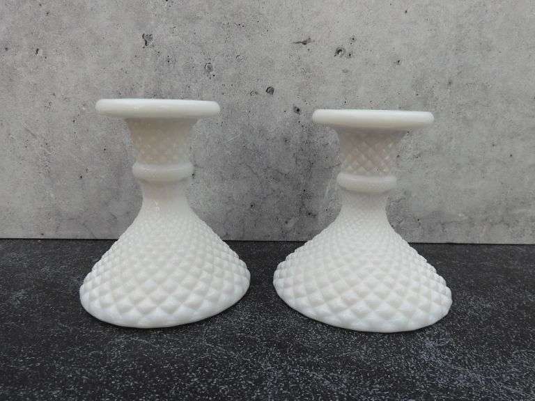 Pair of Vintage Westmoreland Glass Milk Glass Candle Sticks GC5 Auctions