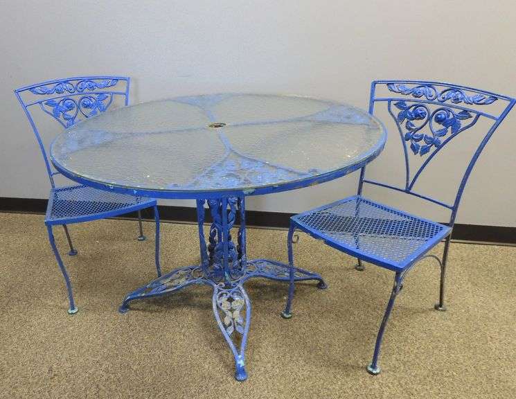Vintage Wrought Iron Glass Top Table with 2 Chairs GC5 Auctions