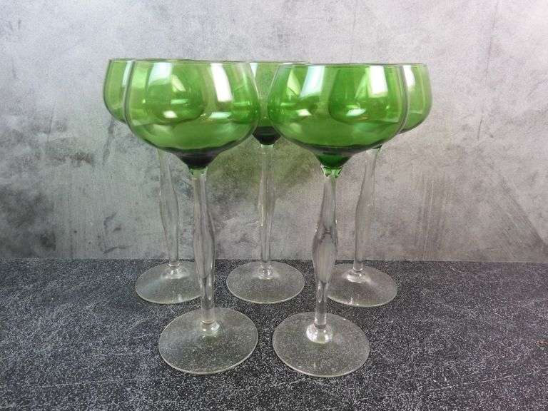 Lot of 5 Green Long Stem Wine Glasses GC5 Auctions