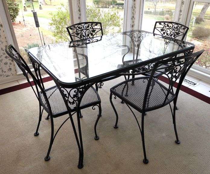Vintage Glass Top Wrought Iron Table with 4 Chairs GC5 Auctions