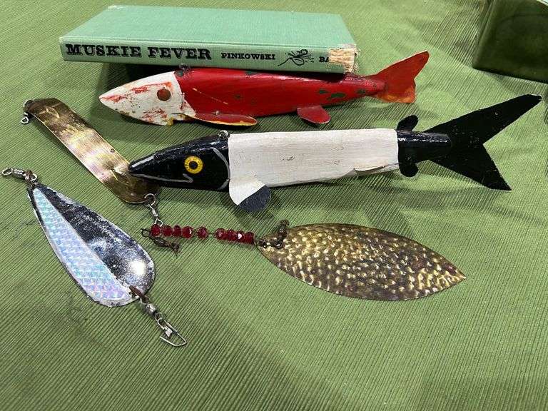 Vintage Home Made Muskie Lures, Muskie Book and Fishing Spoons Gregg