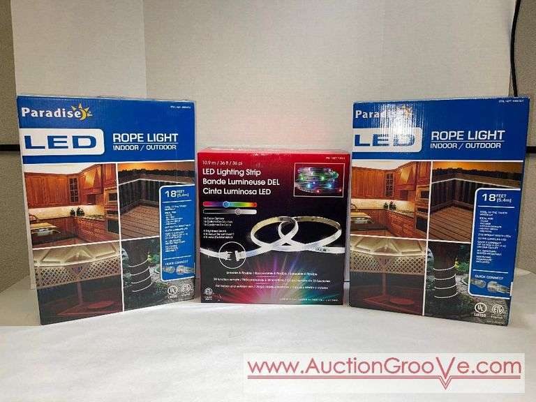 Lot of 3 unused LED lights. Two boxes of Paradise Indoor/outdoor rope
