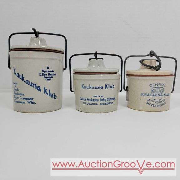 3 Lidded Jars. Kaukauna Klub. South Kaukauna Wisconsin Dairy Company. A