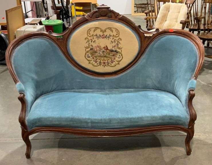 Medallion back Victorian parlor sofa, 62in wide, needlepoint detail