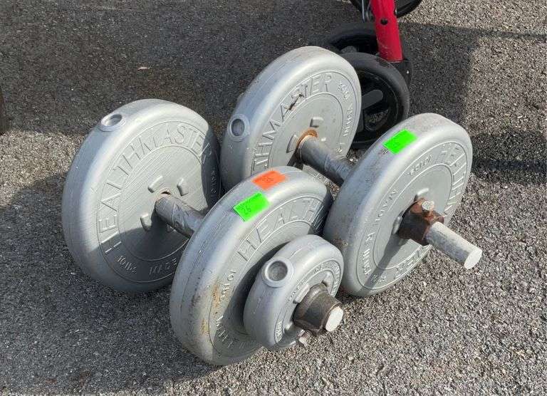 Two Dumbbell weights concrete filled plastic types Hash Auctions