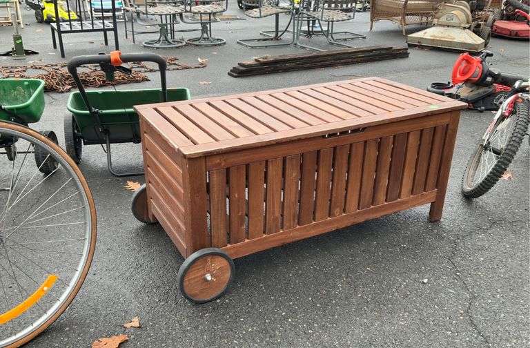 Wheeled outdoor patio Storage Deck Box, teakwood slatted wood type, 48