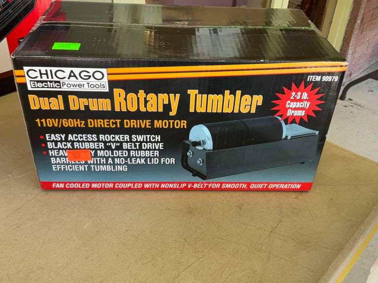 Chicago Electric Dual Drum Rotary Tumbler 23lb capacity drum, new in