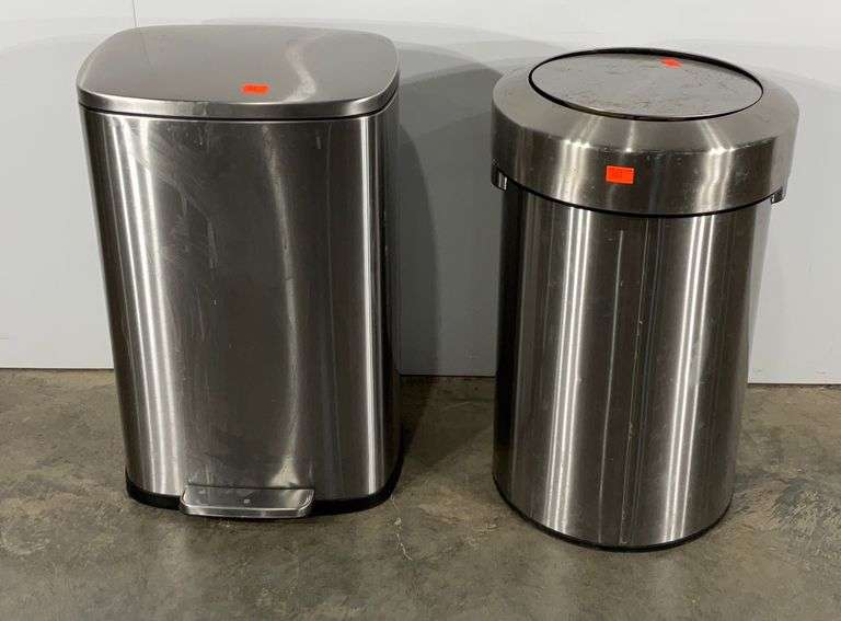 Two kitchen size trash cans, stainless steel, need a little clean up