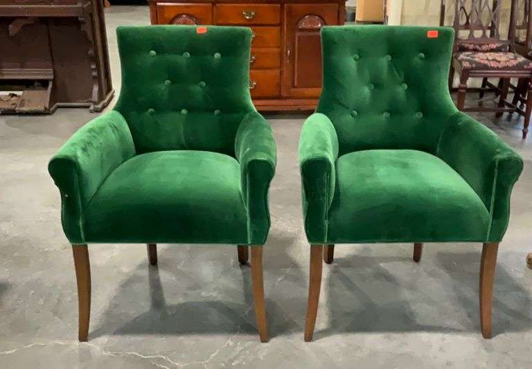 Pair of Living Room Chairs, Green upholstery with button tuffed backs