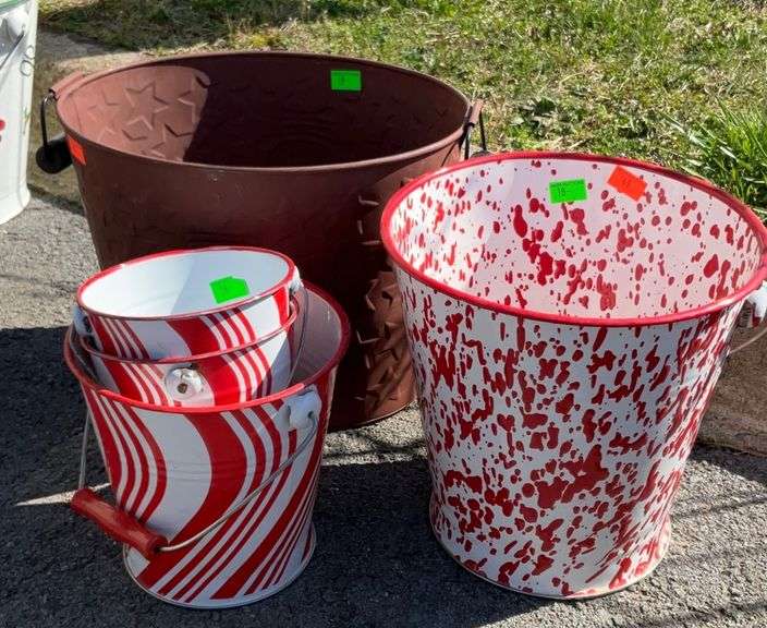 Tin pails lot, fancy red speckled pail bucket, three red swirl pails