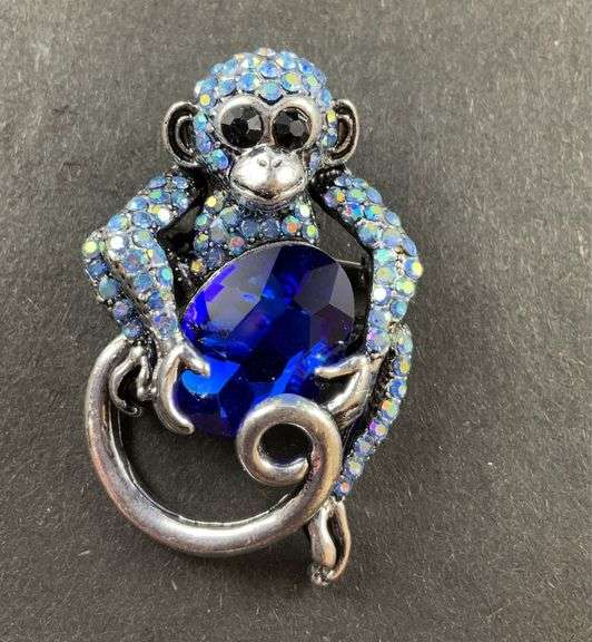 Blue glass and Austrian crystal silvertone monkey brooch / pendant ...