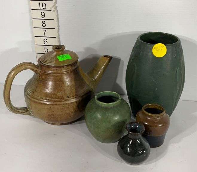 Pottery group, tall green vase has a hairline crack Hash Auctions