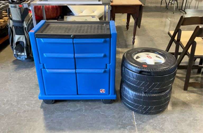 Little Tikes cool garage look kids room furniture, tire toy box and