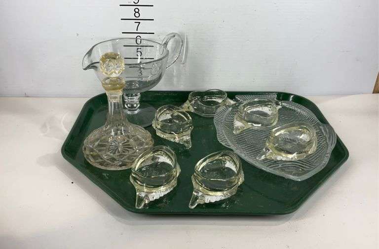 Clear glass with six Glasbake Crab Shaped Dishes, fish shaped plate