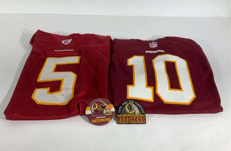 Washington Redskins merchandise, two jerseys, button, and patch, shirt