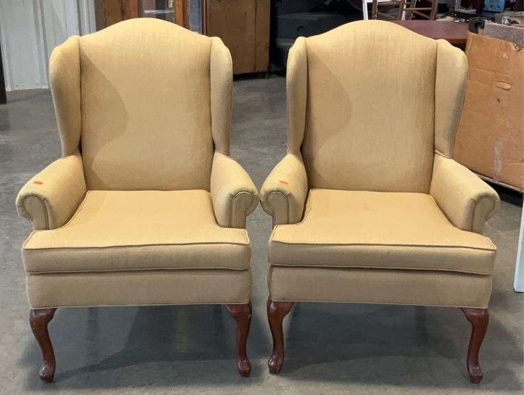 Pair of Fairfield Wingback Chairs, Queen Anne footed, tan colored