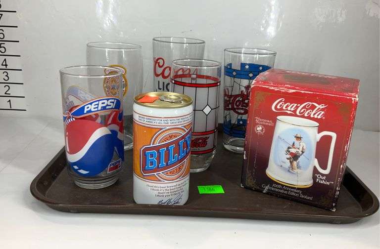 CocaCola, PepsiCola, Coors light, Pepsi, New Castle brown ale glasses