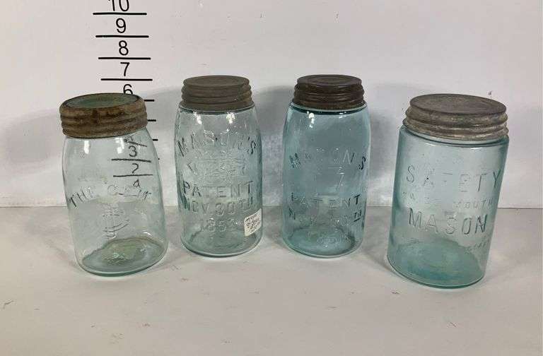 4 blue mason jars, with zinc lids, “The Gem” with glass lid Hash Auctions