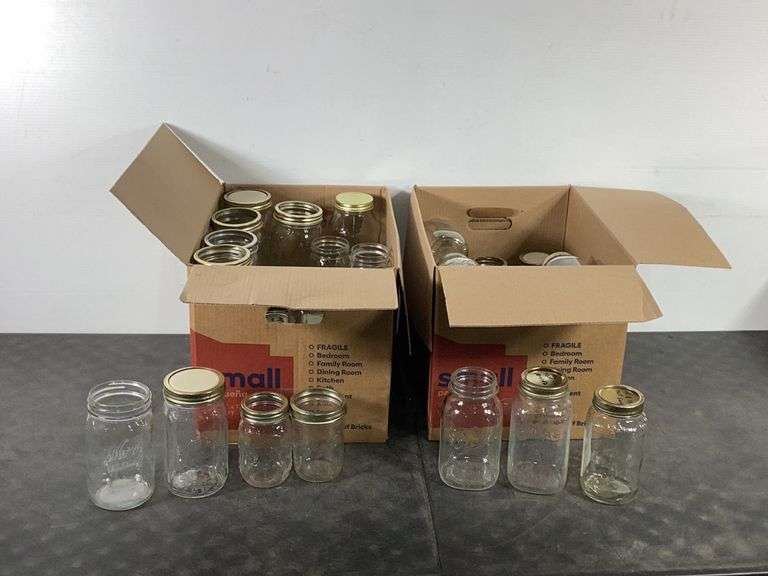 Two boxes 49 Misc. Brand & Size Mason Jars, some w/ Lids Hash Auctions