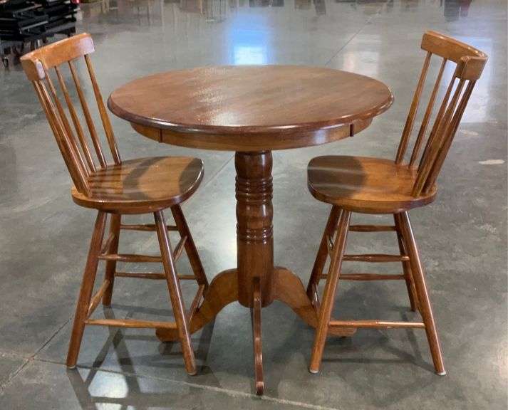 Tall round table with two swivel seat chairs, 36in diameter table top