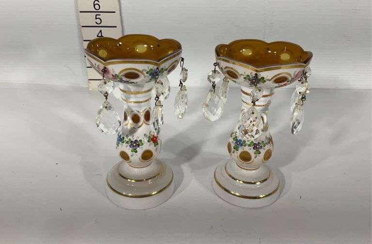 Two hand painted candlestick holders with prisms Hash Auctions